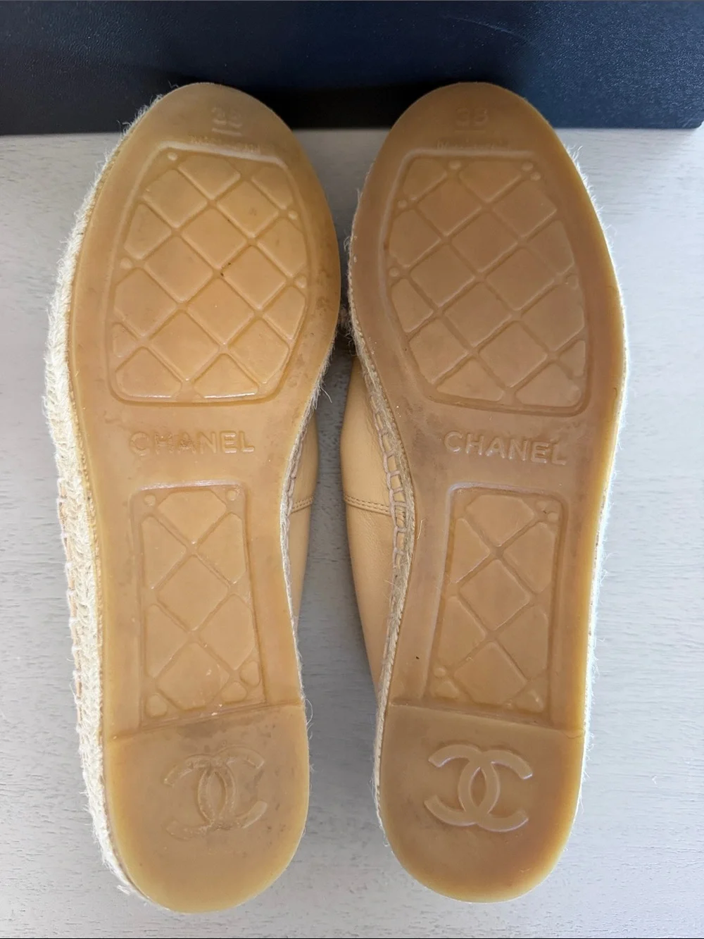 CHANEL Beige and Black Leather Espadrille Flats with CC Logo